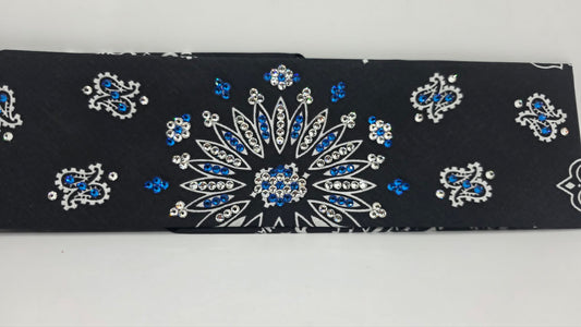 Black Paisley Bandana with Capri Blue and Diamond Clear Austrian Crystals (E60142)