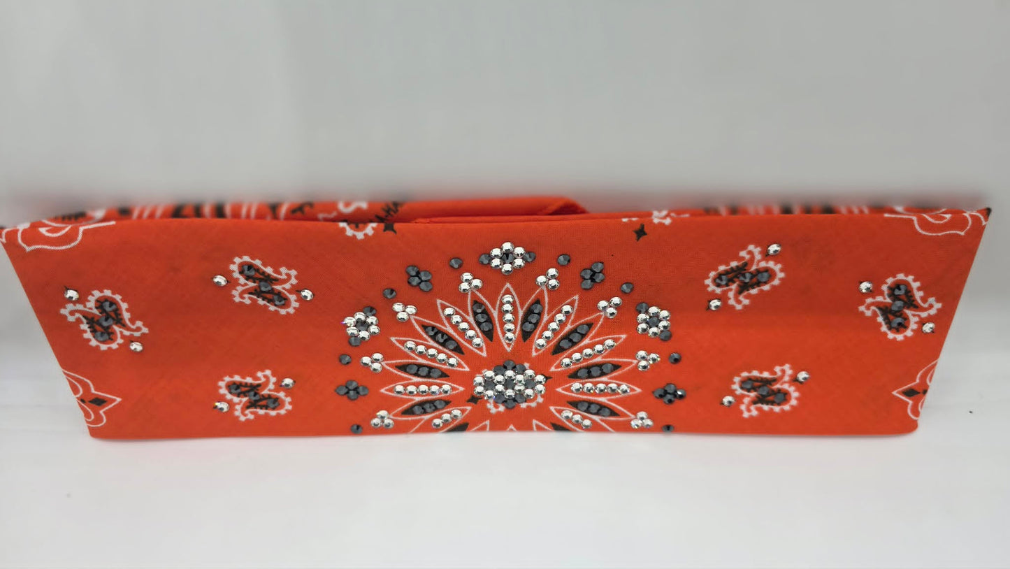 Orange Paisley Bandana with Black and Diamond Clear Austrian Crystals (E60153)