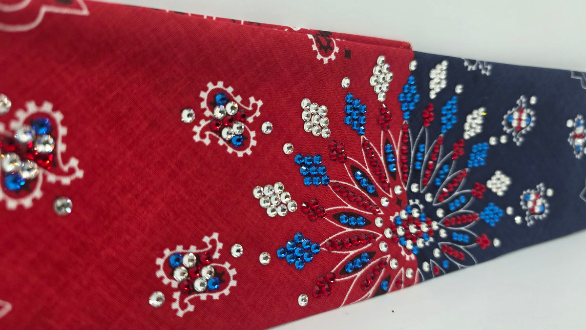 LeeAnnette Red/Blue Paisley Bandana with Capri Blue, Red and Diamond Clear Austrian Crystals (L40269)