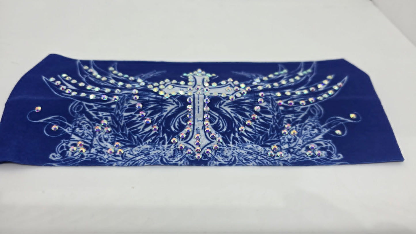 Stretchy Headband Cross and Wings on Blue with Aurora Borealis Crystals (Sku5471)