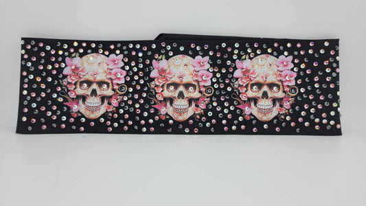 LeeAnnette Skulls with Flowers with Black, Pink and Aurora Borealis Austrian Crystals (Sku4392)