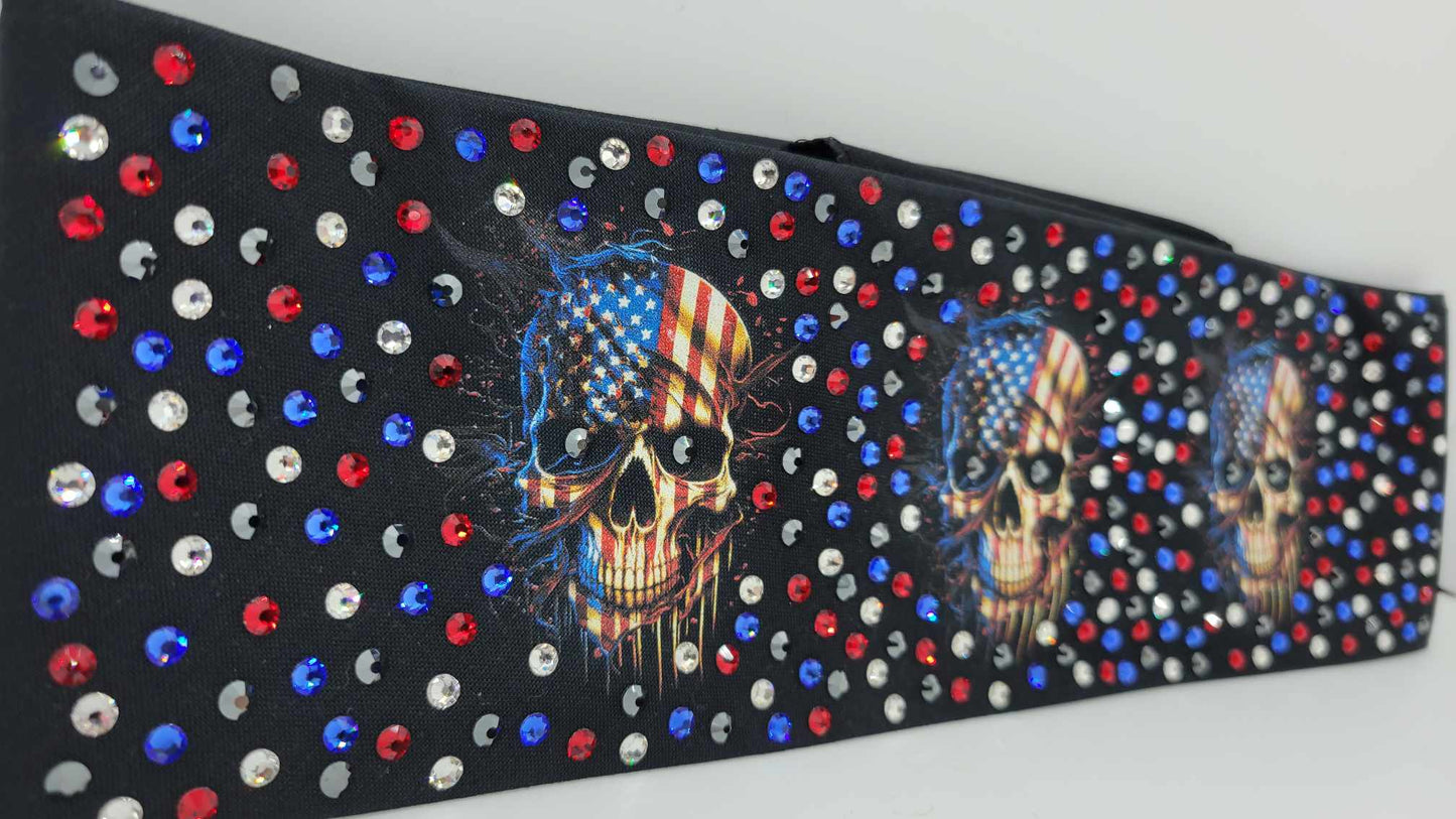 LeeAnnette Flag Skulls with Black, Red, Blue and Diamond Clear Austrian Crystals (Sku4393)