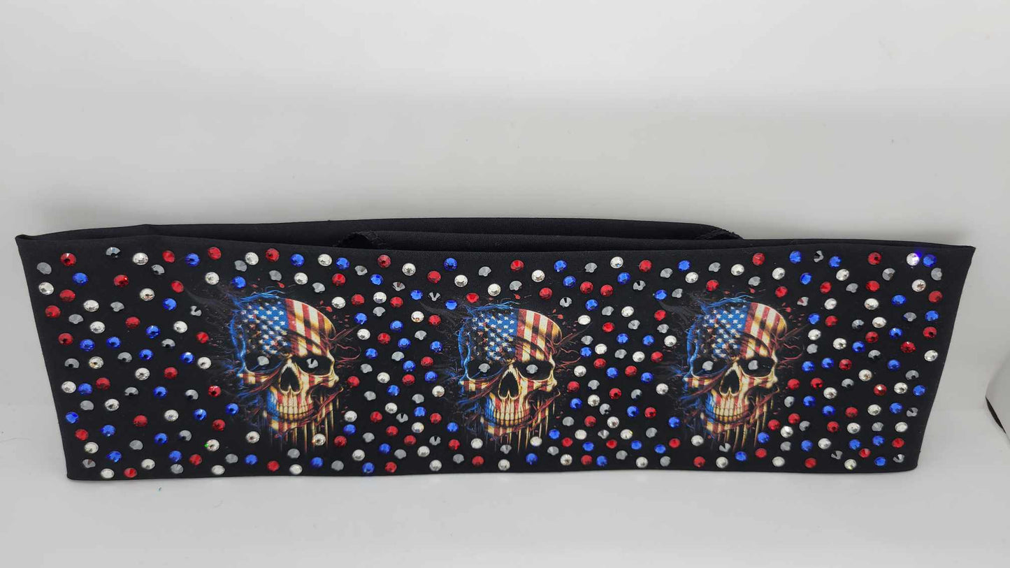 LeeAnnette Flag Skulls with Black, Red, Blue and Diamond Clear Austrian Crystals (Sku4393)