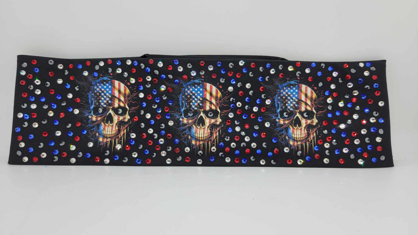 LeeAnnette Flag Skulls with Black, Red, Blue and Diamond Clear Austrian Crystals (Sku4393)