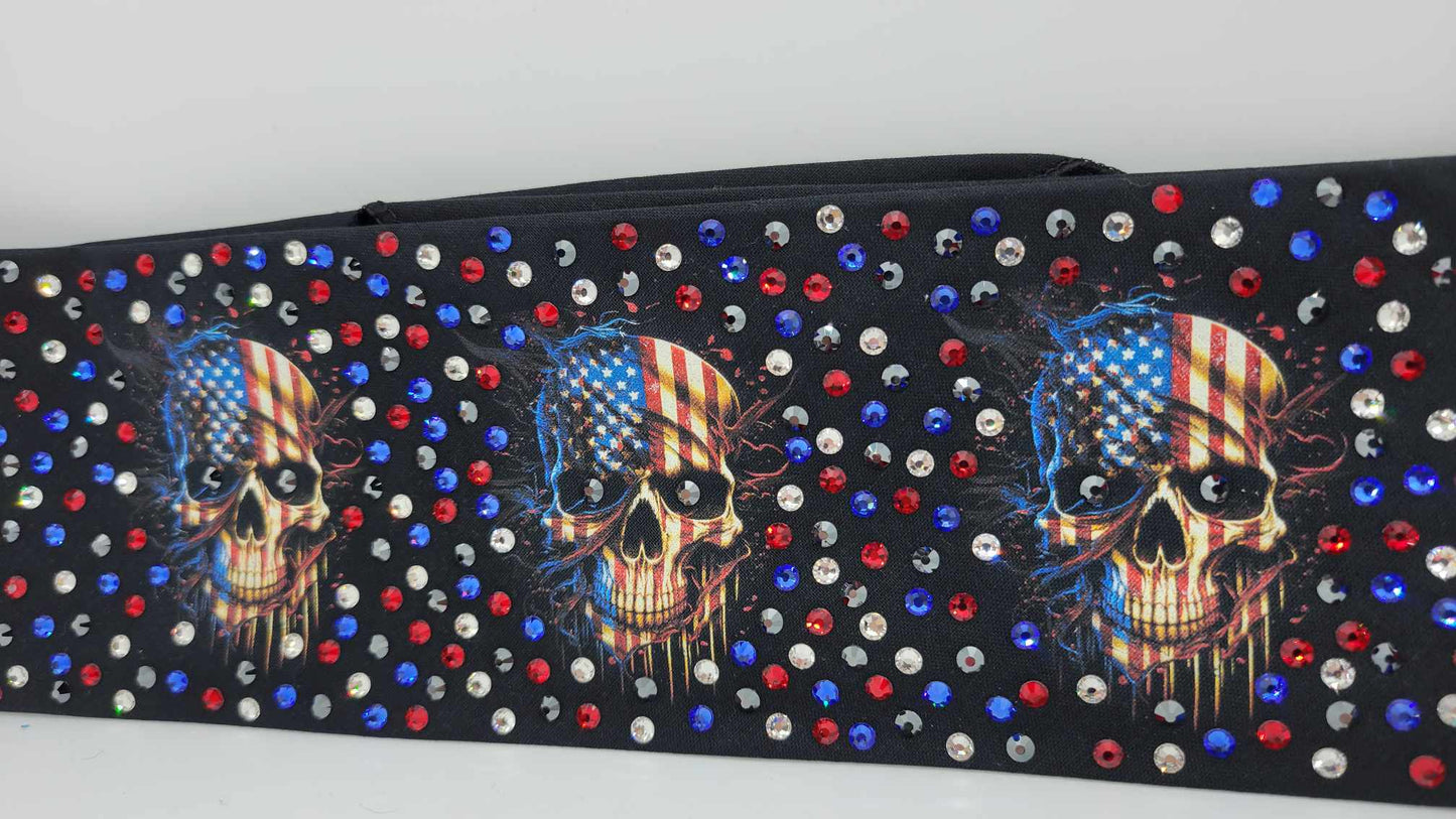 LeeAnnette Flag Skulls with Black, Red, Blue and Diamond Clear Austrian Crystals (Sku4393)