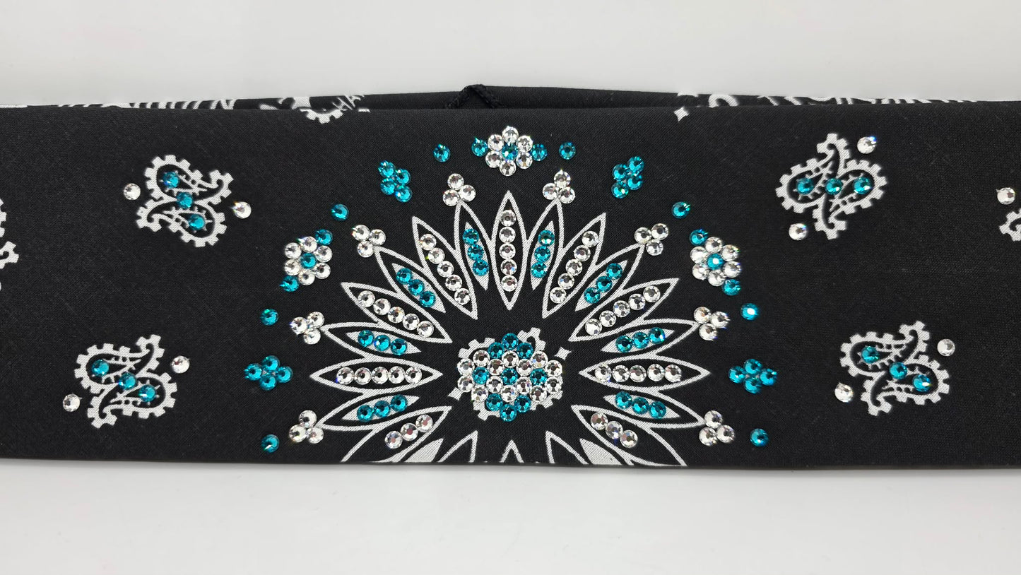 Black Paisley Bandana with Bright Blue and Diamond Clear Austrian Crystals (E6426)