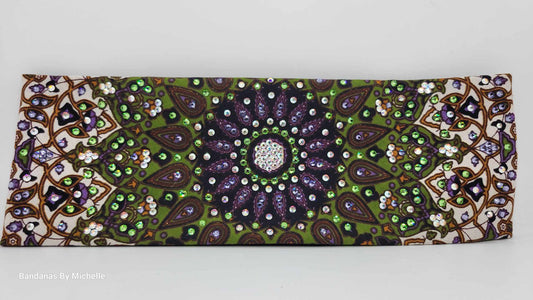 LeeAnnette Green Indian Bandana with Light Purple, Light Green and Aurora Borealis Austrian Crystals (Sku4411)