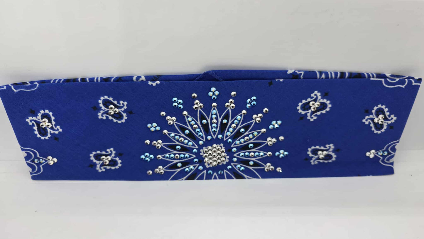 EXTRA BLING - Royal Blue Paisley Bandana with Blue Shimmer and Diamond Clear Austrian Crystals (sku6404)