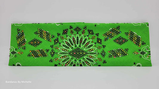 Super LeeAnnette Lime Green Paisley Bandana with Vitrail and Dark Green Austrian Crystals (Sku4485)