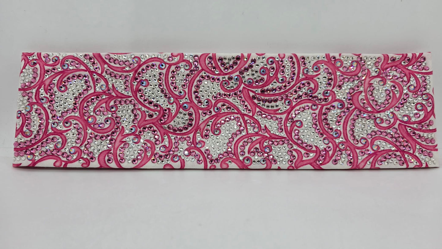 Super Duper LeeAnnette Pink Scrolls on White Bandana with Rose, Fuchsia Shimmer and Diamond Clear Austrian Crystals