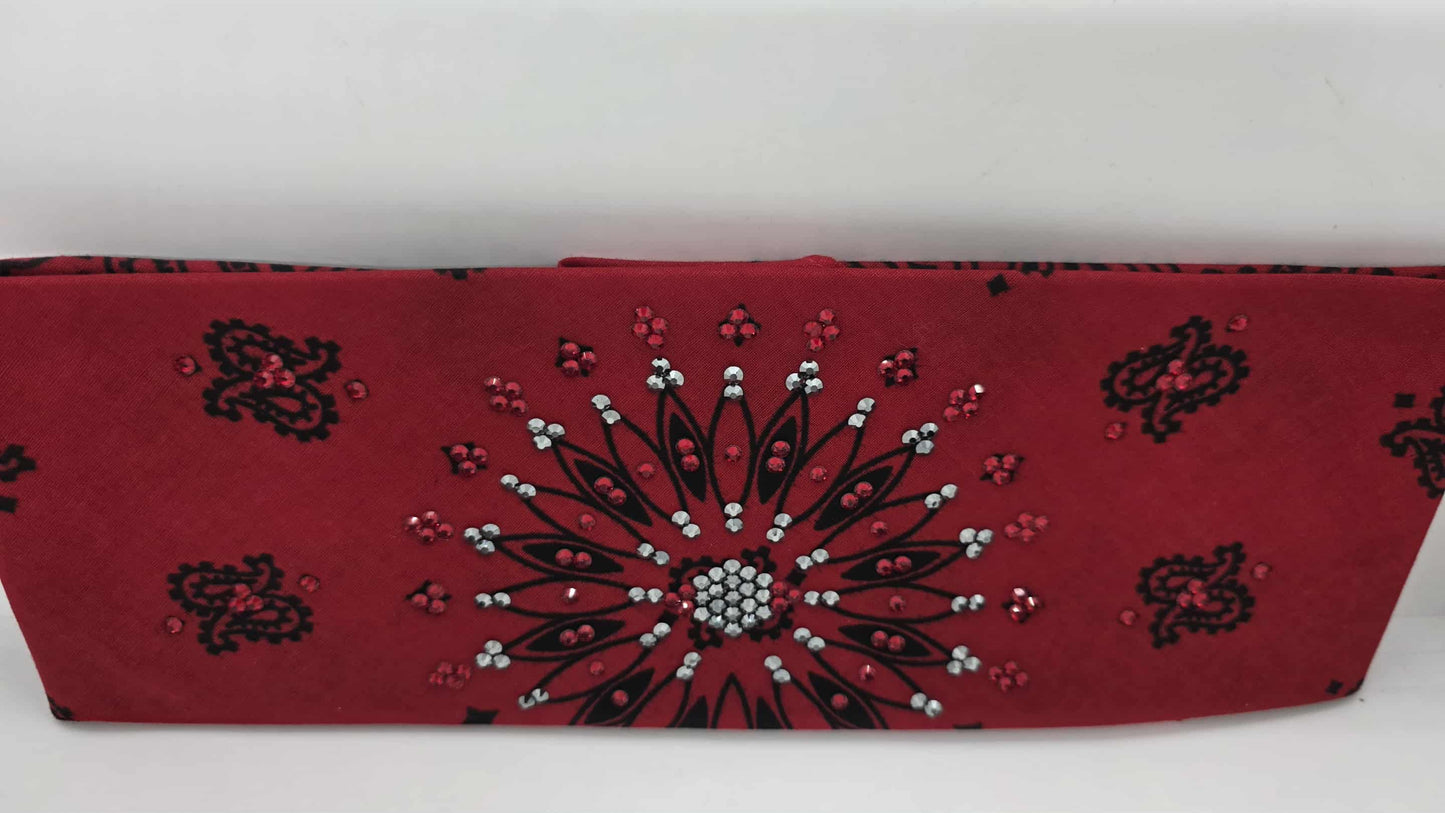 EXTRA BLING - Large Red Paisley Bandana with Red and Black Austrian Crystals (sku6409)