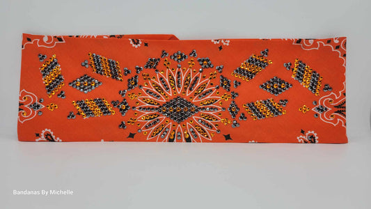 Super LeeAnnette Orange Paisley Bandana with Orange and Black Austrian Crystals (Sku4502)