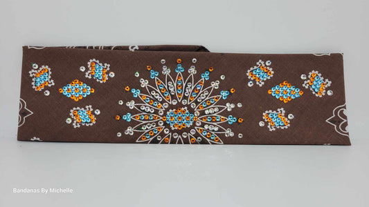 LeeAnnette Brown Paisley with Aqua, Orange and Diamond Clear Austrian Crystals (Sku4507)