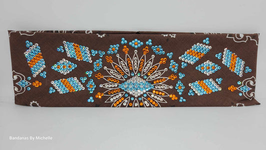 Super LeeAnnette Brown Paisley with Aqua, Orange and Diamond Clear Austrian Crystals (Sku4509)