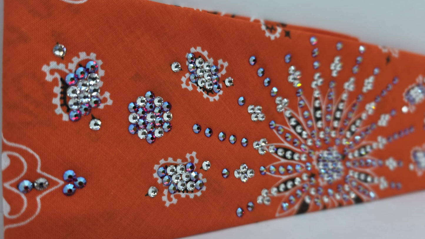 LeeAnnette Orange Paisley Bandana with Red Shimmer and Diamond Clear Austrian Crystals (sku40092)
