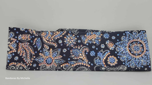 Super LeeAnnette Fancy Blue and Cream Paisley Bandana with Blue Shimmer and Sun Shimmer Austrian Crystals (Sku4584)