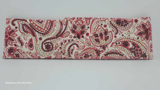 Super LeeAnnette Bandana Fancy Red and Cream Paisley with Dark Red and Honey Austrian Crystals (Sku4585)