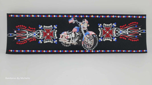 LeeAnnette Motorcycle on Black with Red, Blue and Diamond Clear Austrian Crystals (Sku4588)