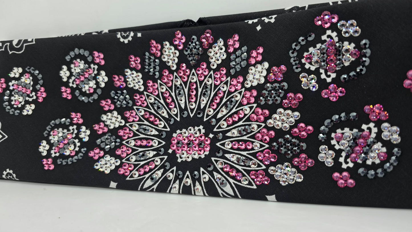 Super LeeAnnette Black Paisley Bandana with Rose, Black and Diamond Clear Austrian Crystals (S48183)