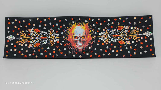 LeeAnnette Flame Skull and Pinstripes Bandana with Orange, Sun Shimmer and Diamond Clear Austrian Crystals (Sku4593)