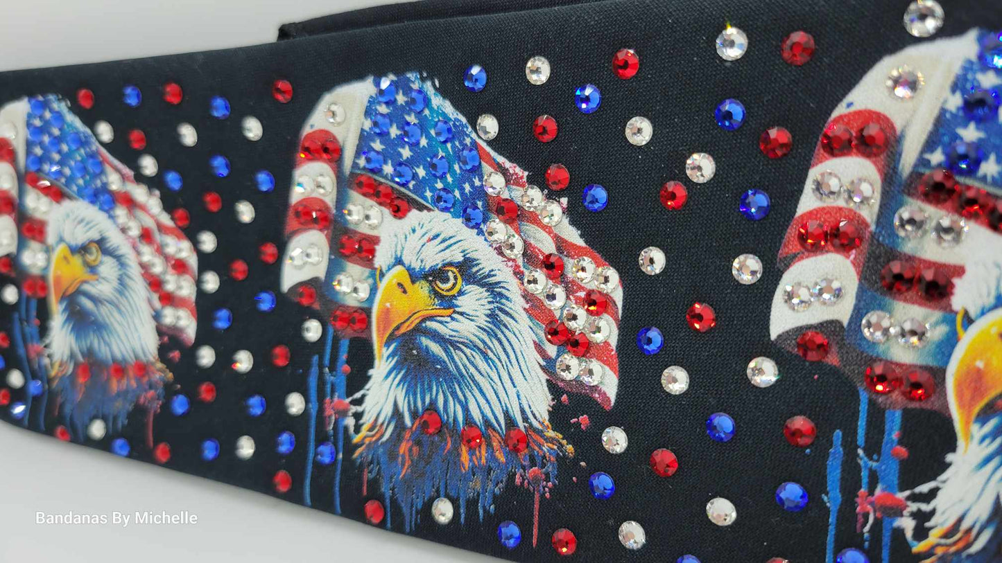 LeeAnnette Eagles and Flags Bandana with Red, Blue and Diamond Clear Austrian Crystals (Sku4594)