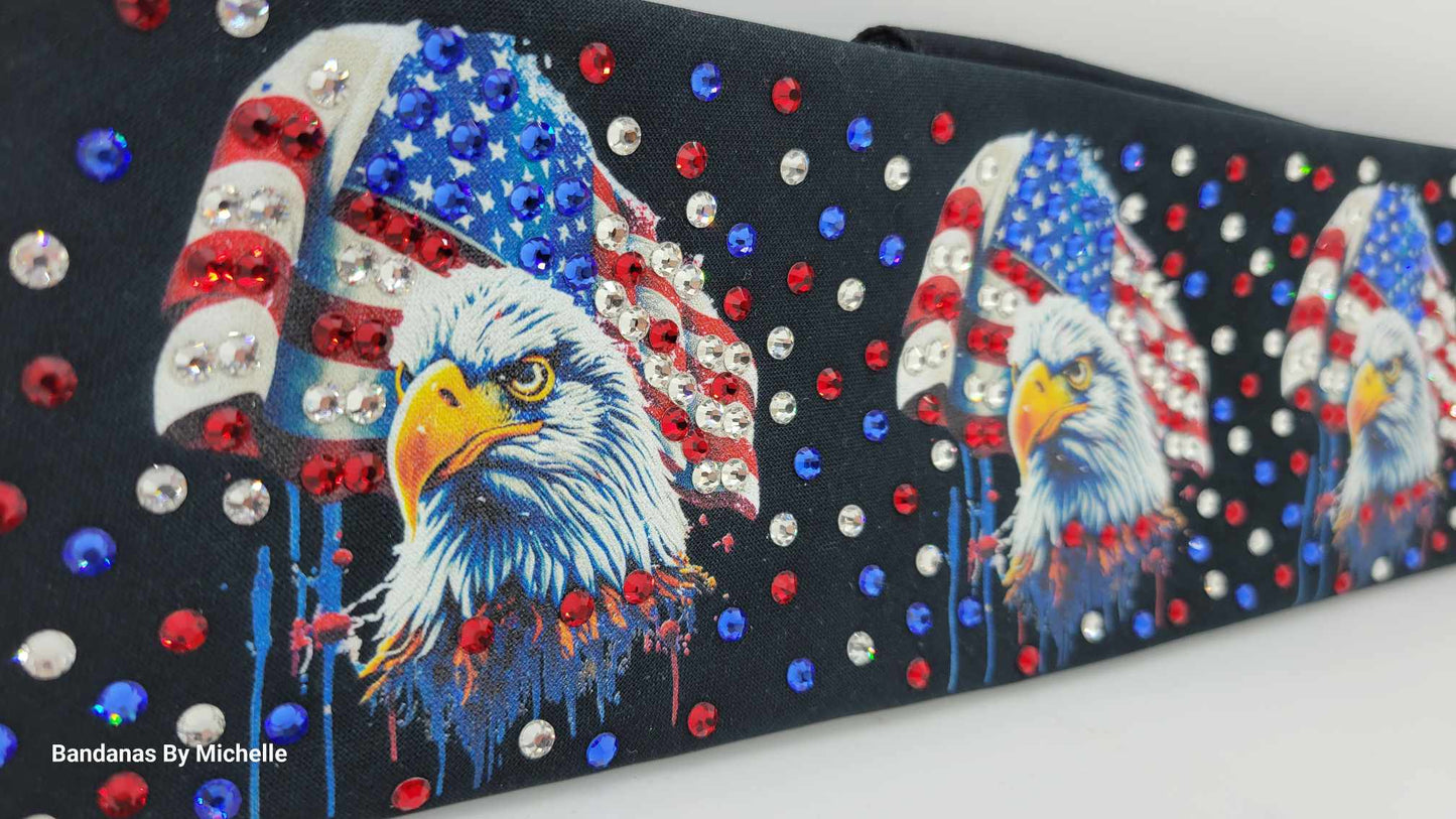 LeeAnnette Eagles and Flags Bandana with Red, Blue and Diamond Clear Austrian Crystals (Sku4594)