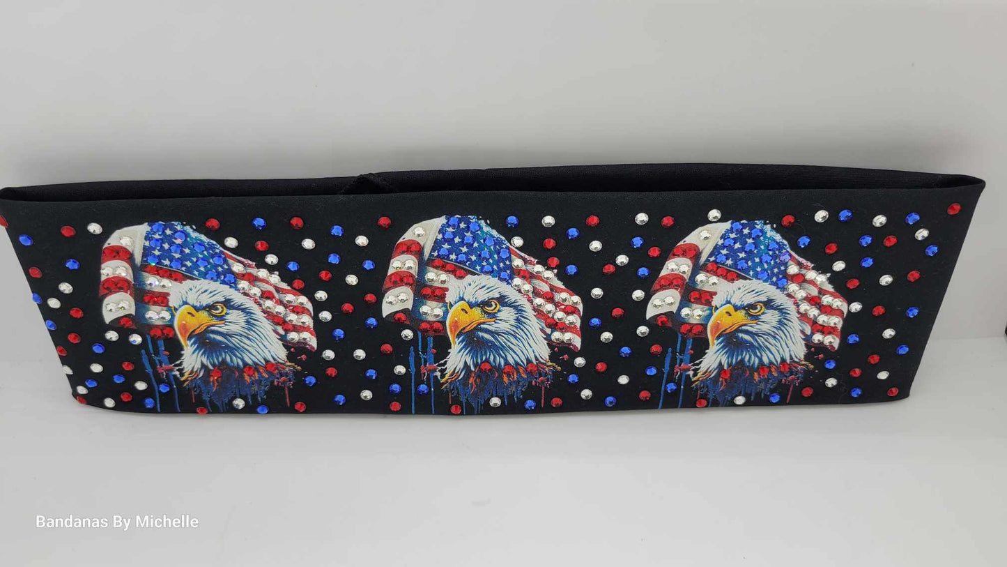 LeeAnnette Eagles and Flags Bandana with Red, Blue and Diamond Clear Austrian Crystals (Sku4594)