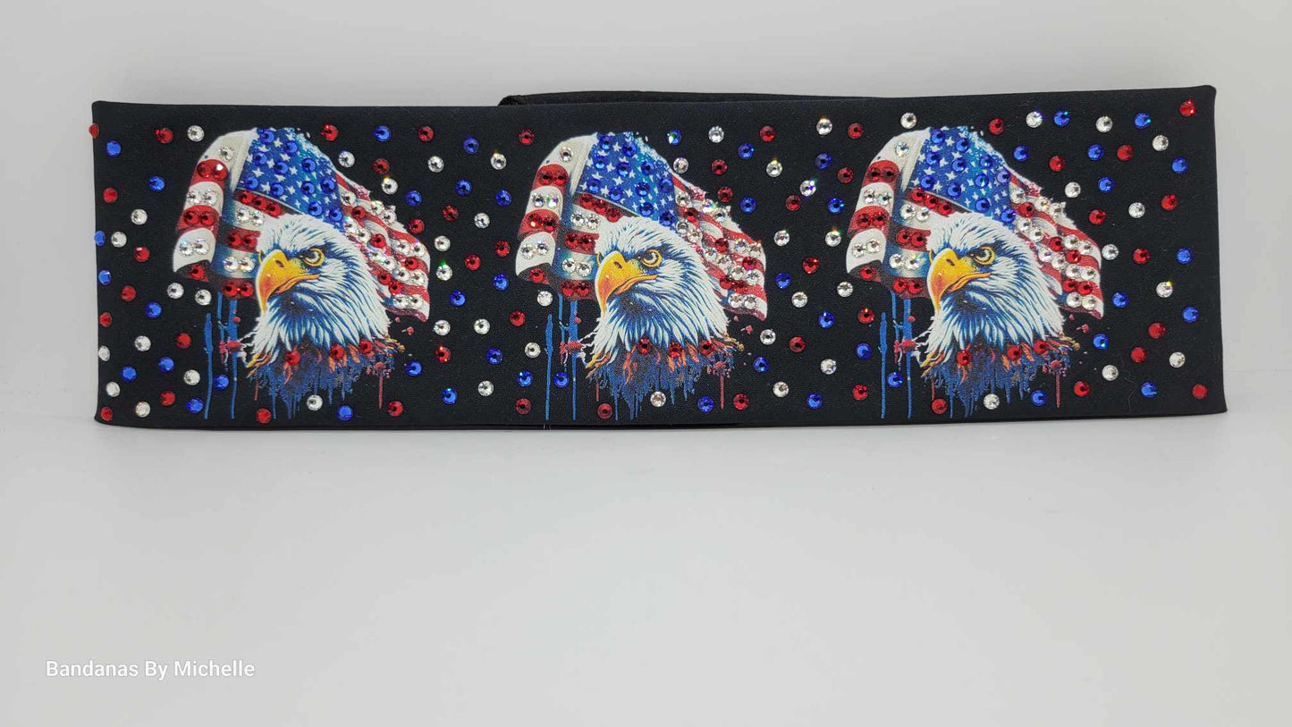 LeeAnnette Eagles and Flags Bandana with Red, Blue and Diamond Clear Austrian Crystals (Sku4594)