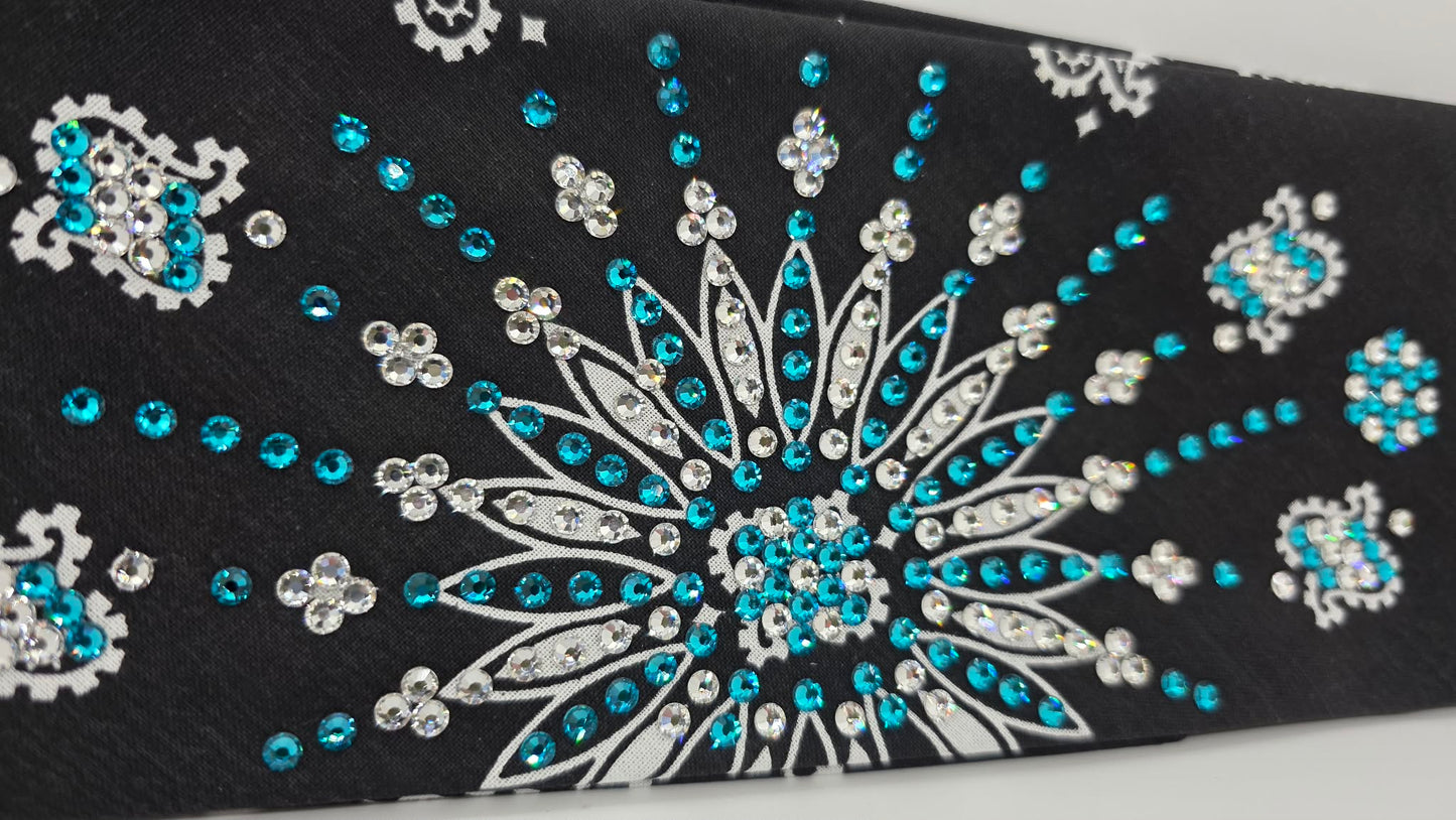 LeeAnnette Black Paisley Bandana with Bright Blue and Diamond Clear Austrian Crystals (L40206)