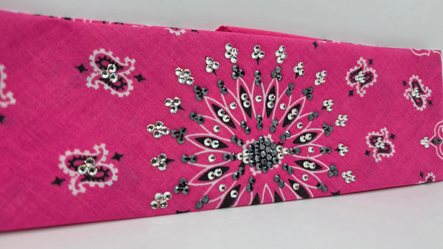 Pink Paisley Bandana with Black and Diamond Clear Austrian Crystals (E60132)