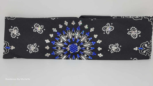 EXTRA BLING - Black Paisley With Blue and Diamond Clear Austrian Crystals (Sku4600)