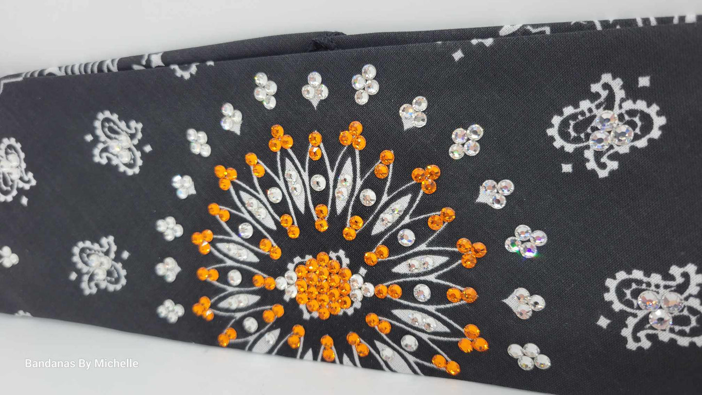 EXTRA BLING - Black Paisley With Orange and Diamond Clear Austrian Crystals (Sku4603)