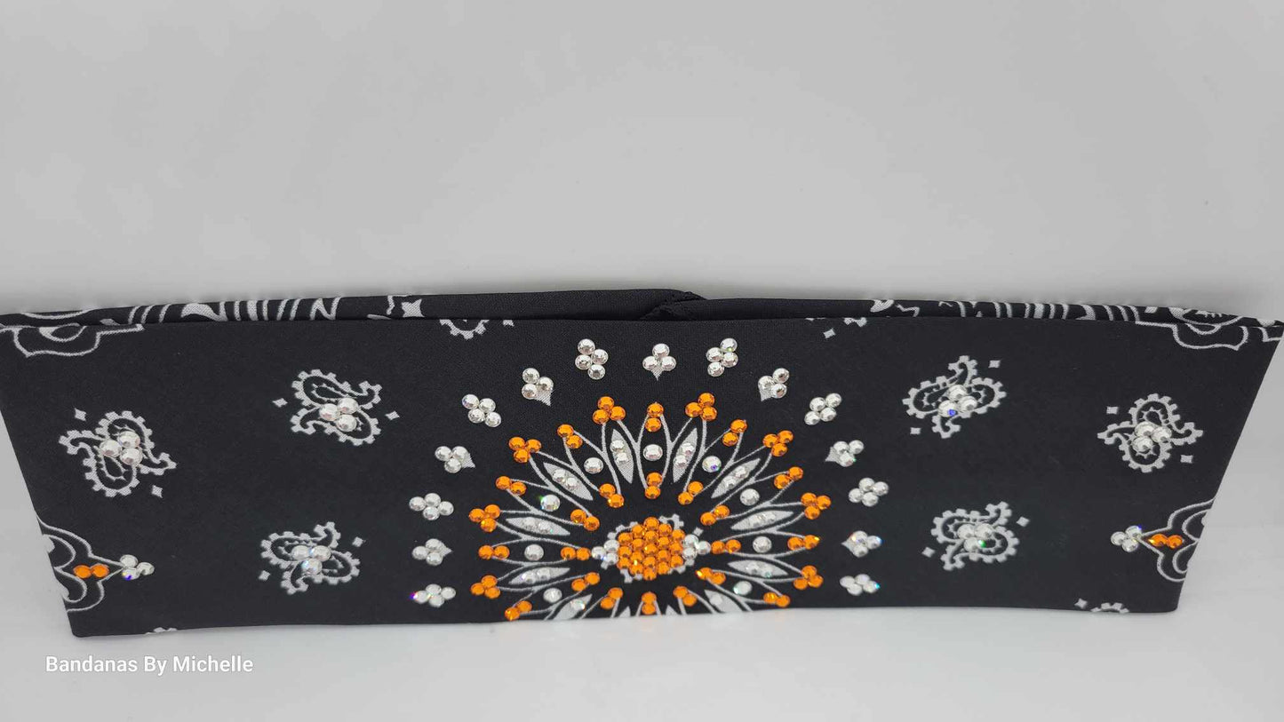 EXTRA BLING - Black Paisley With Orange and Diamond Clear Austrian Crystals (Sku4603)