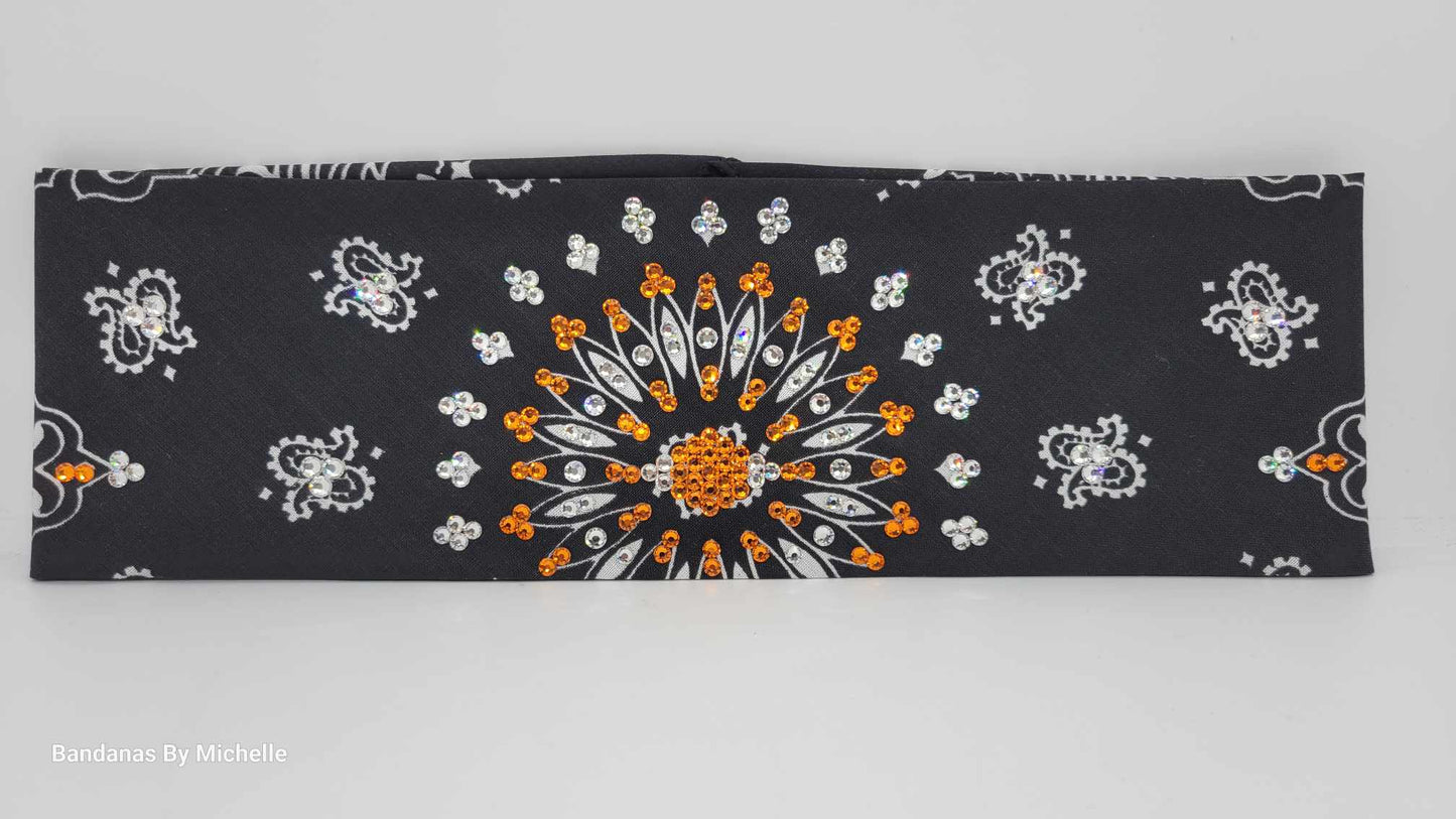 EXTRA BLING - Black Paisley With Orange and Diamond Clear Austrian Crystals (Sku4603)