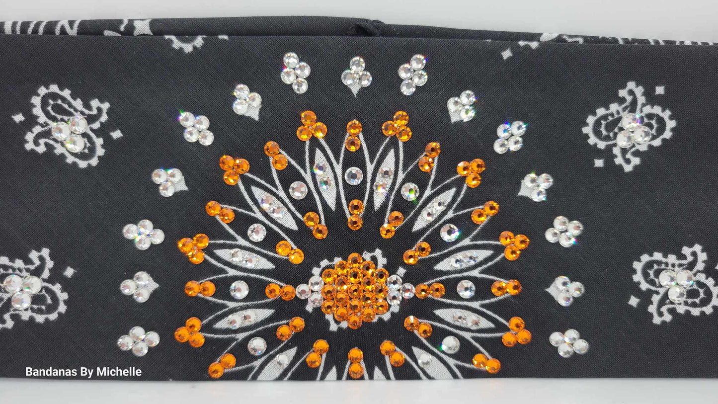 EXTRA BLING - Black Paisley With Orange and Diamond Clear Austrian Crystals (Sku4603)