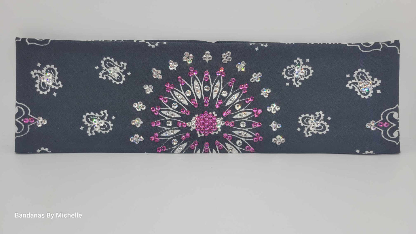 EXTRA BLING - Black Paisley With Fuchsia and Diamond Clear Austrian Crystals (Sku4604)