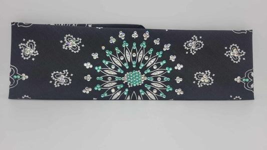 EXTRA BLING - Black Paisley Bandana With Caribbean Sea and Diamond Clear Austrian Crystals (Sku4608)