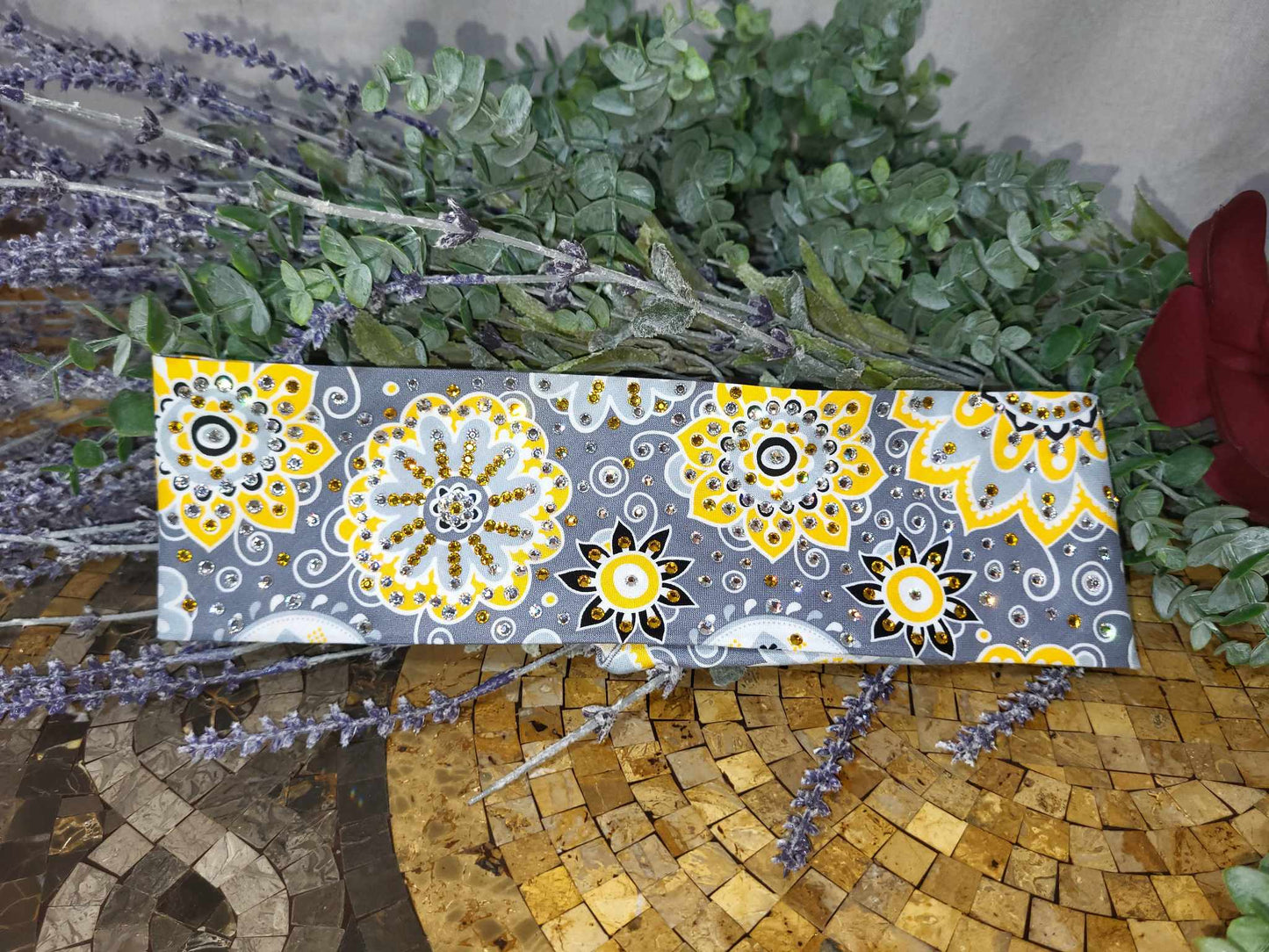 LeeAnnette Yellow Flowers on Dark Grey with Yellow and Diamond Clear Austrian Crystals (sku4753)