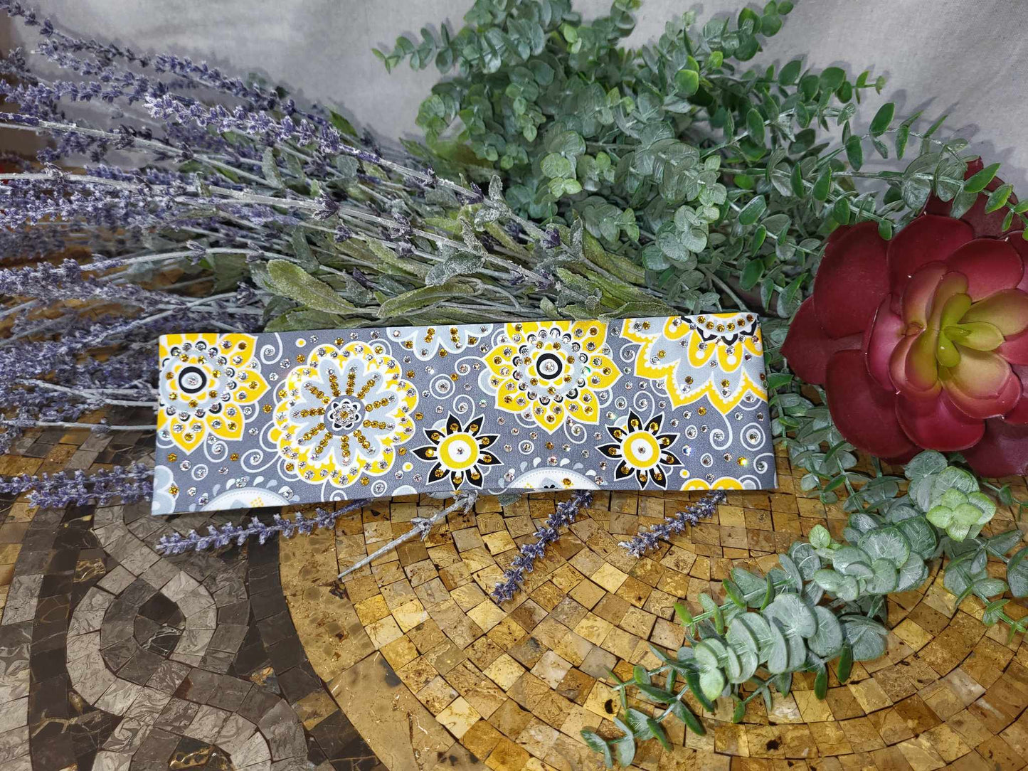 LeeAnnette Yellow Flowers on Dark Grey with Yellow and Diamond Clear Austrian Crystals (sku4753)
