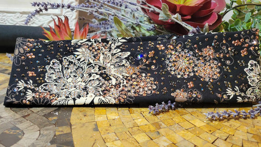 Super LeeAnnette Cream Flowers on Black with Rose Gold, Black and Diamond Clear Austrian Crystals (Sku4762)