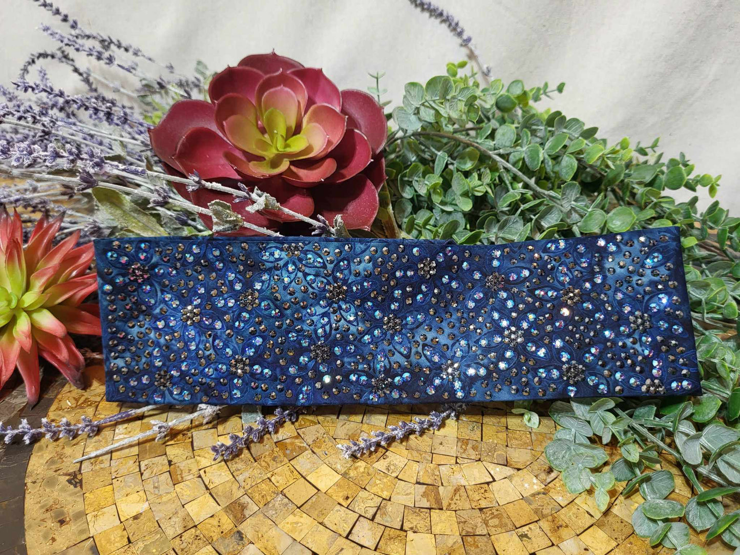Super LeeAnnette Blue Batik Flowers with Blue Shimmer and Black Austrian Crystals (Sku4768)