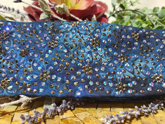 Super LeeAnnette Blue Batik Flowers with Blue Shimmer and Black Austrian Crystals (Sku4768)