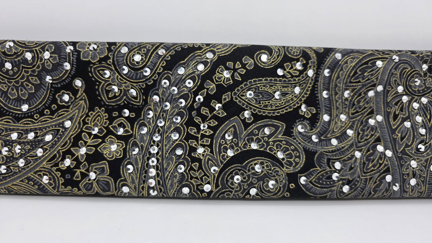 Grey and Gold Paisley on Black Bandana with Chrome Austrian Crystals (E60115)