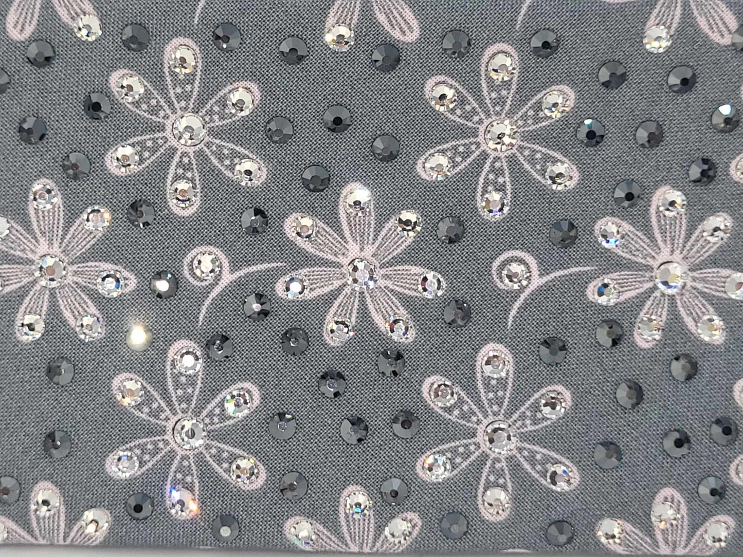 LeeAnnette Pink Flowers on Grey with Black and Diamond Clear Austrian Crystals (sku4798)