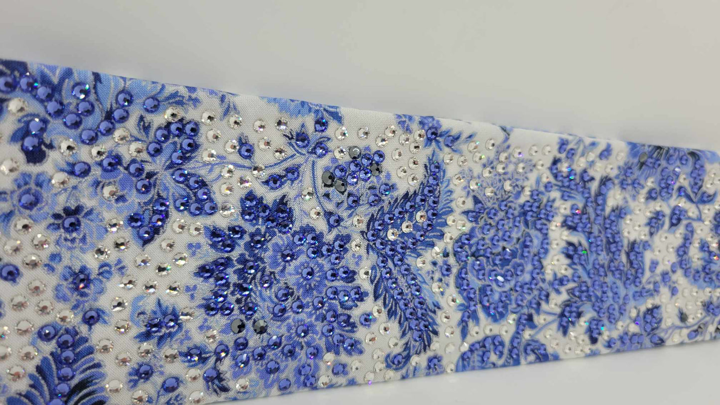 Super LeeAnnette Blue Flowers on White with Blue, Black and Diamond Clear Austrian Crystals (Sku4806)