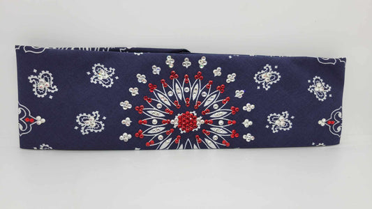 EXTRA BLING - Navy Blue Paisley With Red and Diamond Clear Austrian Crystals (Sku4914)