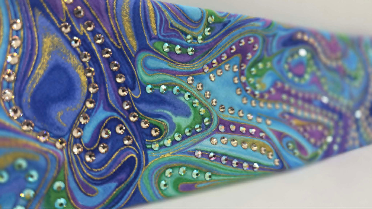 LeeAnnette Blue and Gold Waters Bandana with Peridot Shimmer, Pink Shimmer and Honey Austrian Crystals (L40245)
