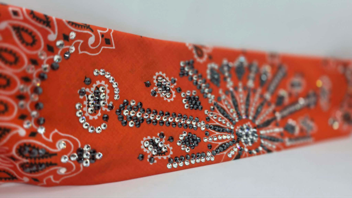 Super LeeAnnette Orange Paisley Bandana with Black and Diamond Clear Austrian Crystals (S48169)