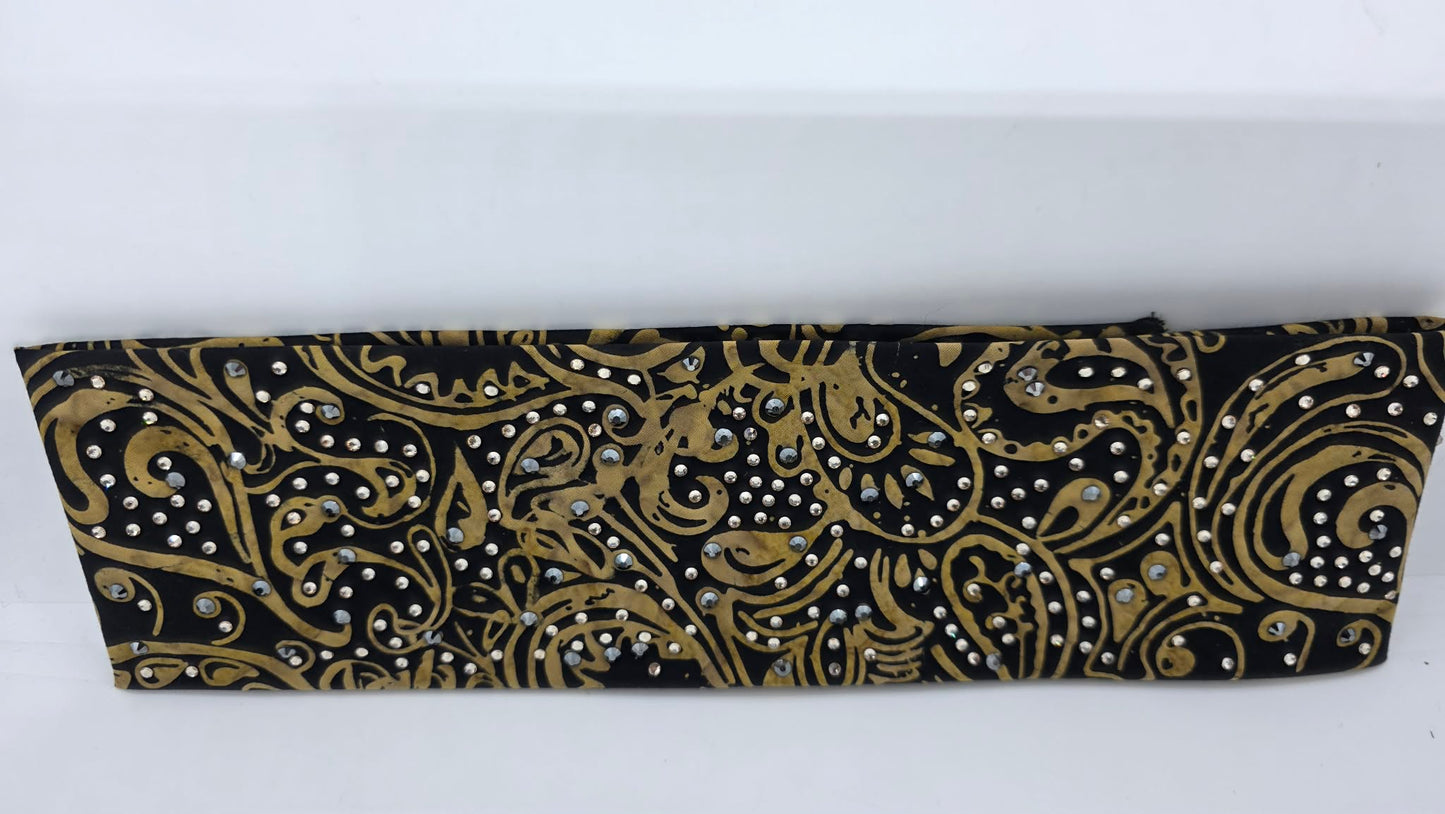 EXTRA BLING - Black and Gold Scroll Bandana with Honey and Black Austrian Crystals (E60107))
