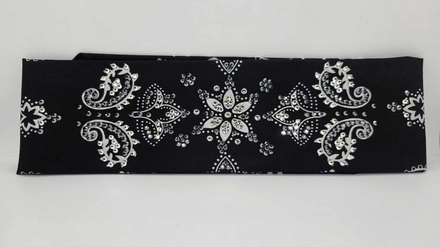 LeeAnnette Large Black Flower Bandana with Black and Diamond Clear Austrian Crystals (sku40103)